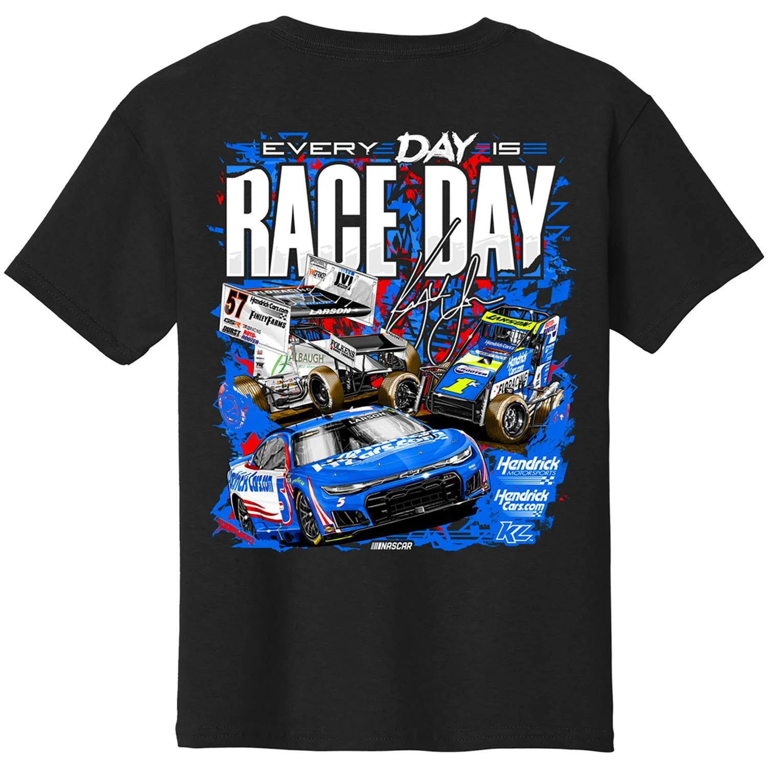 Kyle Larson #5 HendrickCars.com 2026 Every Day Is Race Day Youth Black T-shirt - Image 3