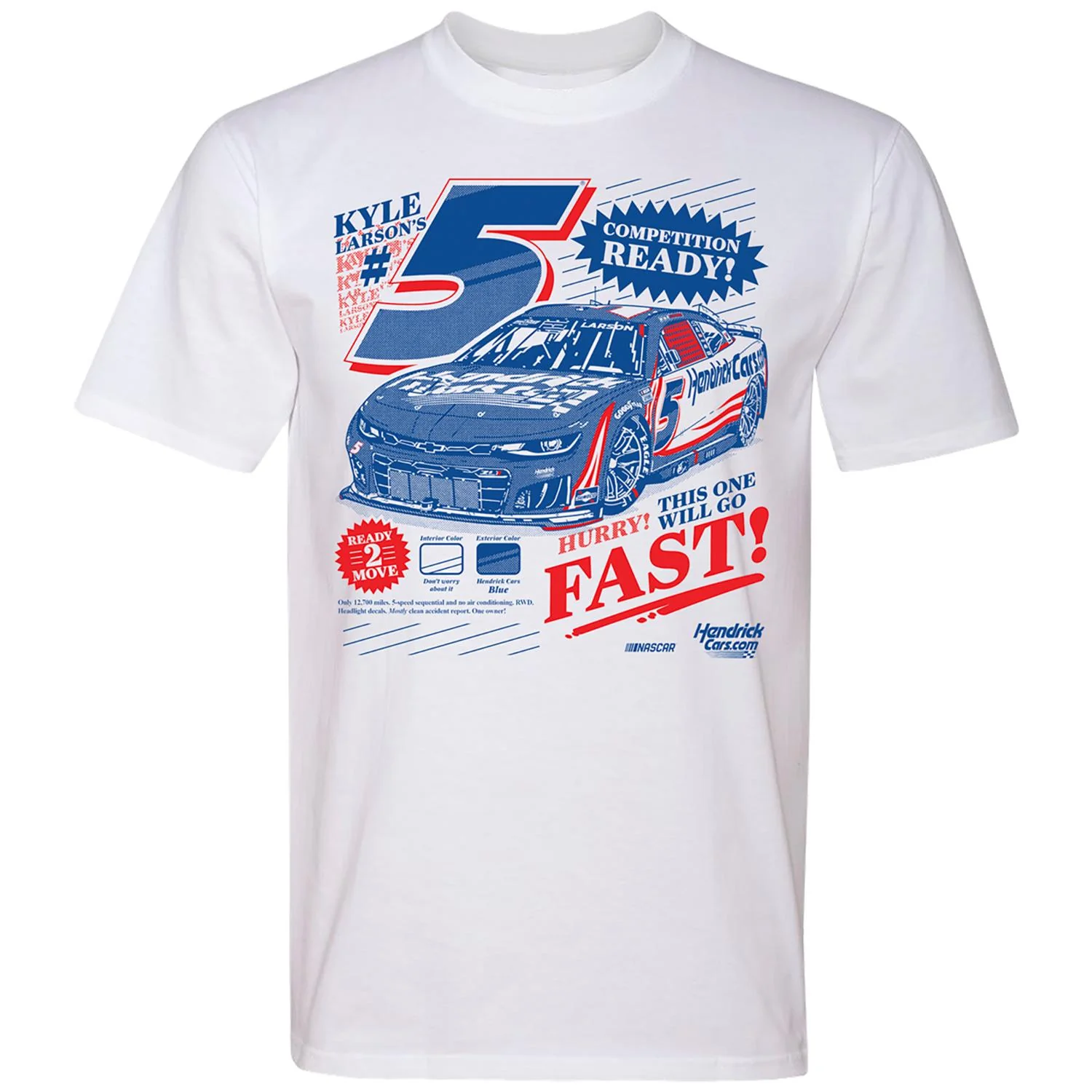 Kyle Larson #5 HendrickCars.com Newspaper White T-shirt - Image 2