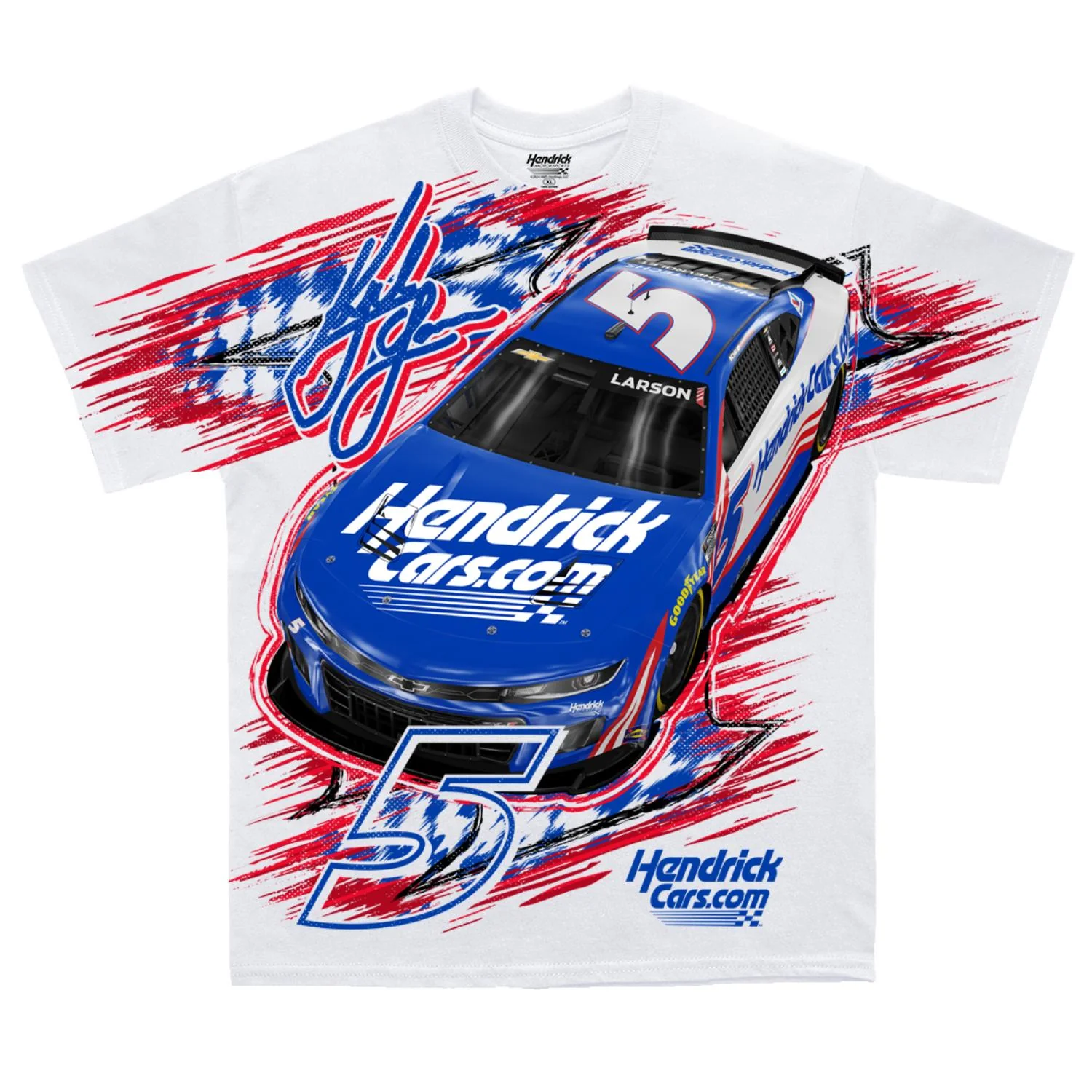 Kyle Larson #5 HendrickCars.com White Total Print T-shirt - Image 2