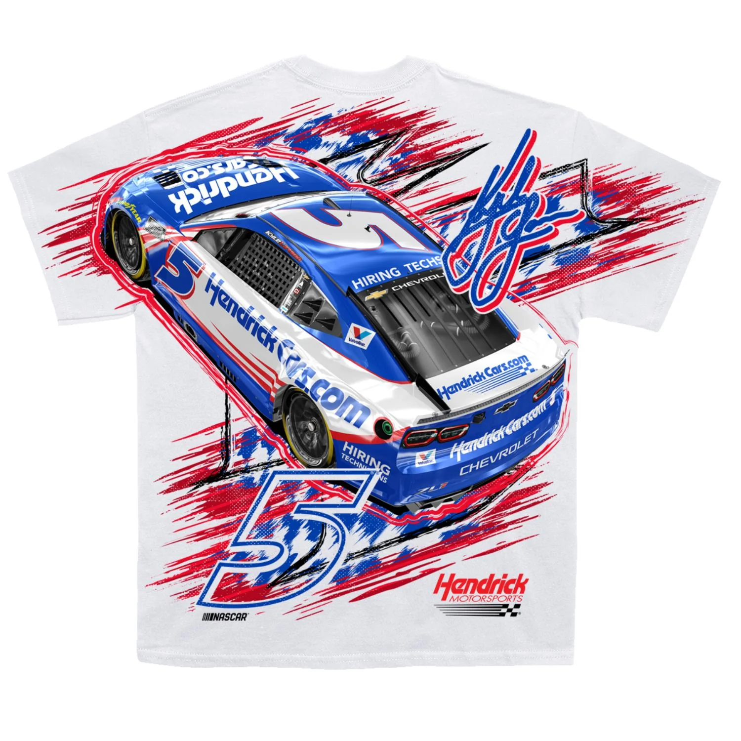 Kyle Larson #5 HendrickCars.com White Total Print T-shirt - Image 3