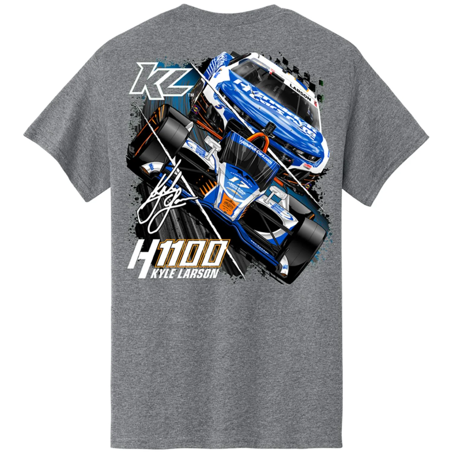 Kyle Larson #5/#17 2025 H1100 HendrickCars.com Dual Car Gray T-shirt - Image 3