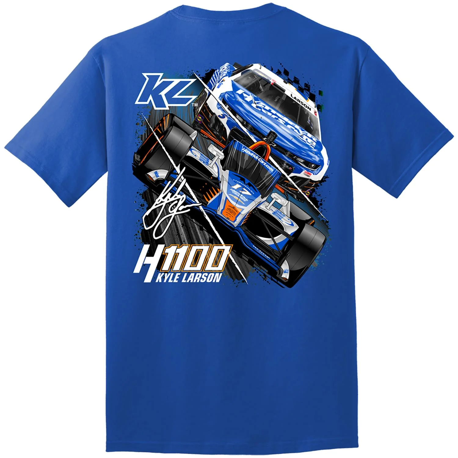 Kyle Larson #5/#17 2025 H1100 HendrickCars.com Dual Car Royal Blue T-shirt - Image 3